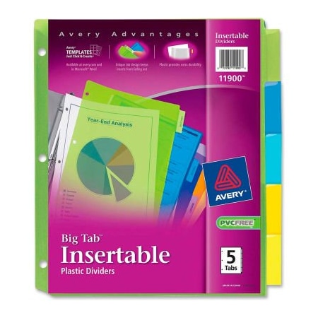 Avery Dennison Avery Big Tab Plastic Insertable Divider, Print-on, 5 Tabs, Multicolor/Multicolor 11900